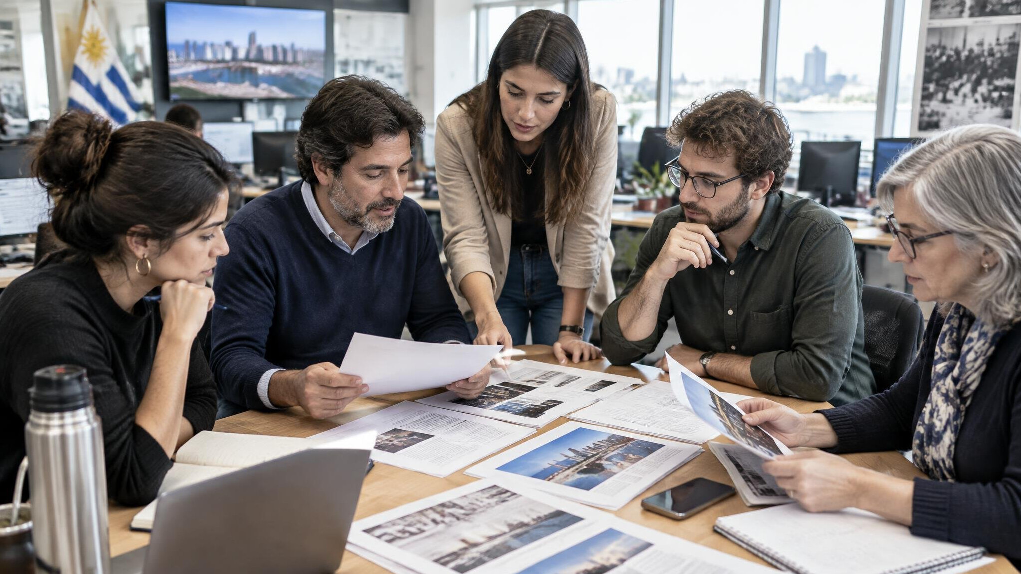 Editorial team meeting around a table
